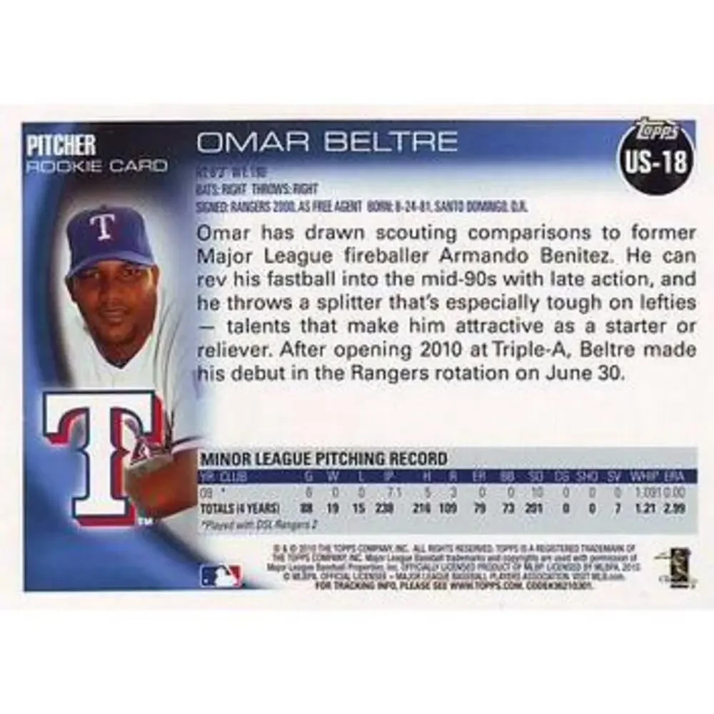 2010 Topps Update Omar Beltre RC US-18 Texas Rangers